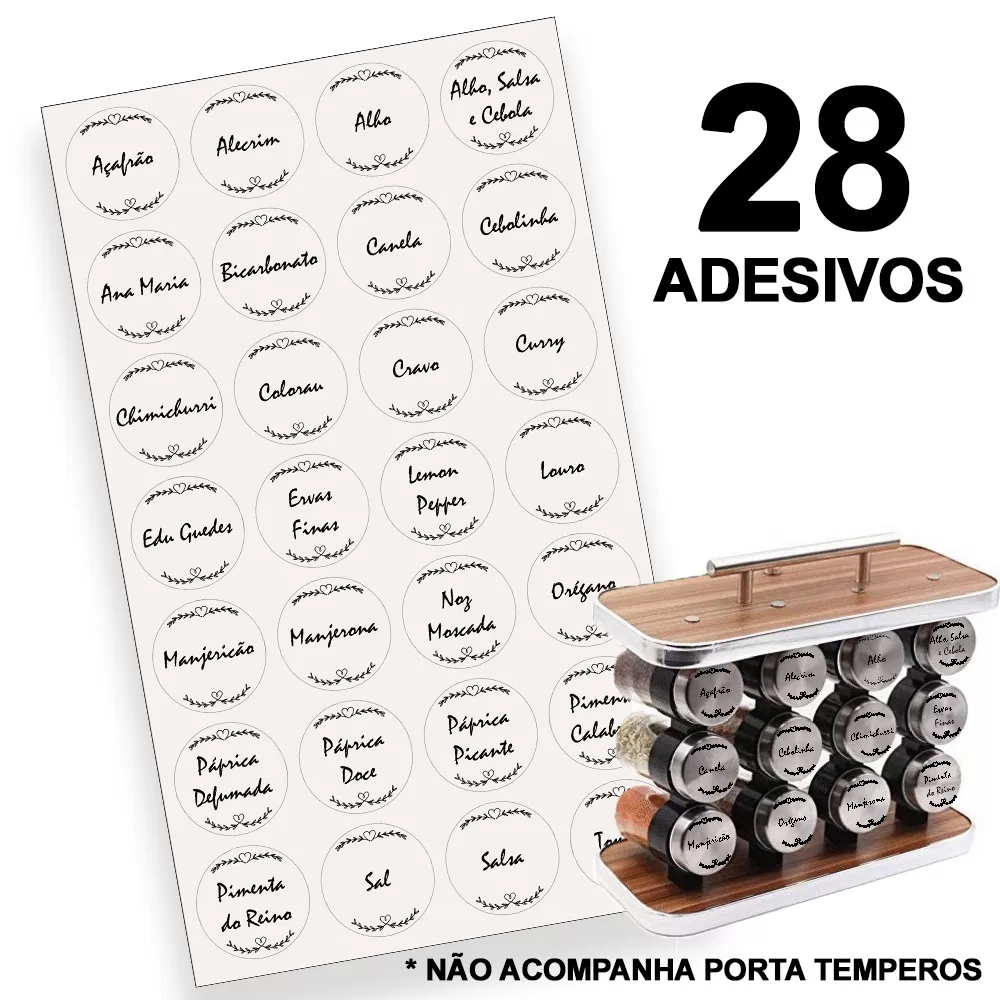 TOPAMIX Cartela com 28 Adesivos Etiquetas Auto Colantes com Rótulos de Temperos e Condimentos