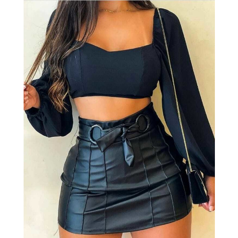 Short Saia Courinho Couro Fake com Cinto Argola Do