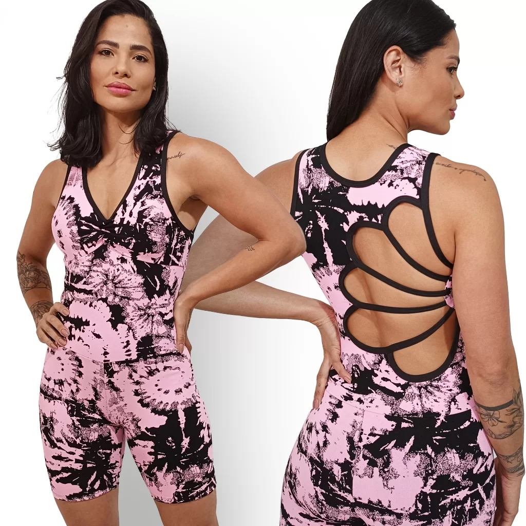 Macaquinho Feminino Fitness Academia Alta Qualidade Costas Detalhe Flor