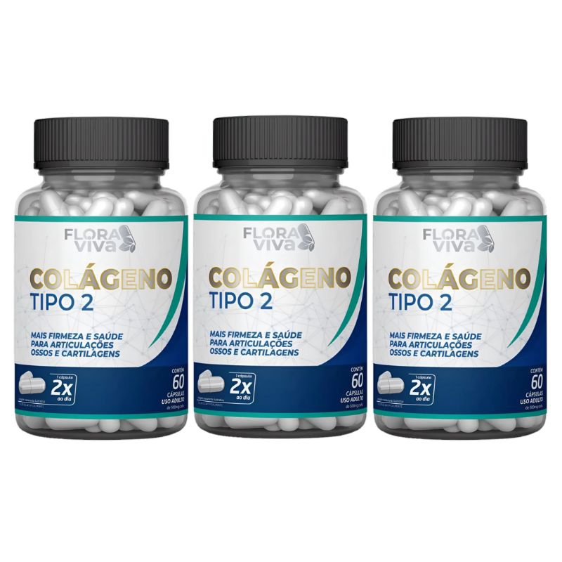 3 POTES Colágeno Tipo 2 60 Caps 500mg – Flora Viva