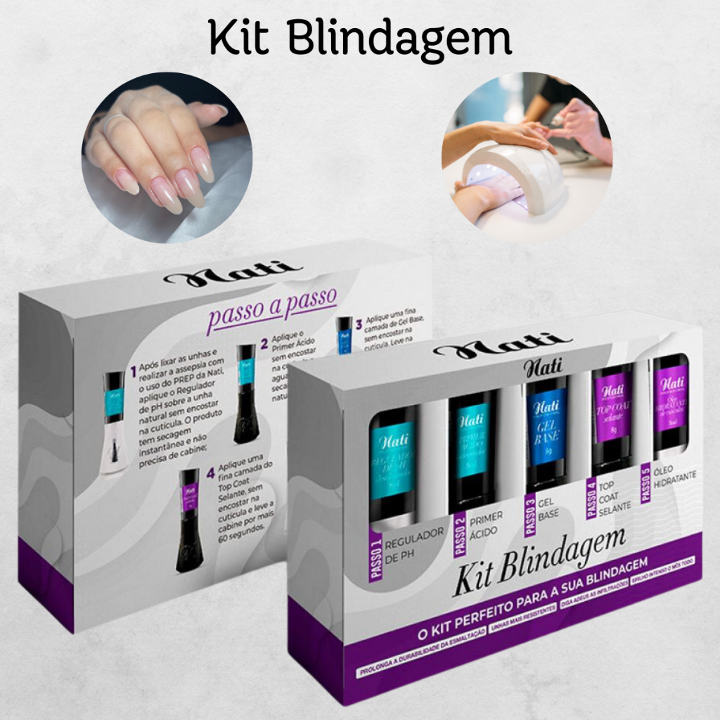 Kit Blindagem Nati Gel unhas 5 Passos Niveladora  Manicure Nails Designer