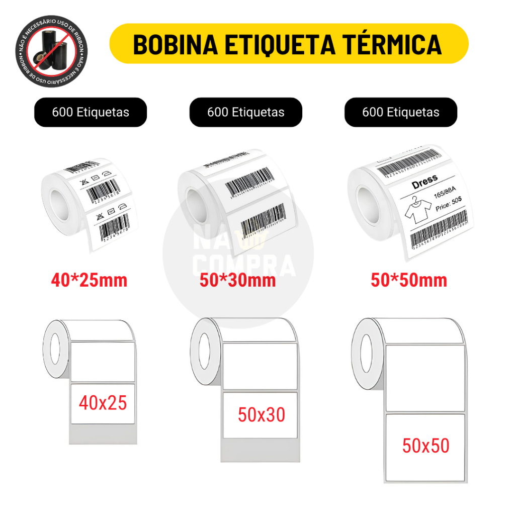 Rolo Etiqueta Térmica Adesiva 50x50mm 50x30mm 40x25mm (1 Coluna)