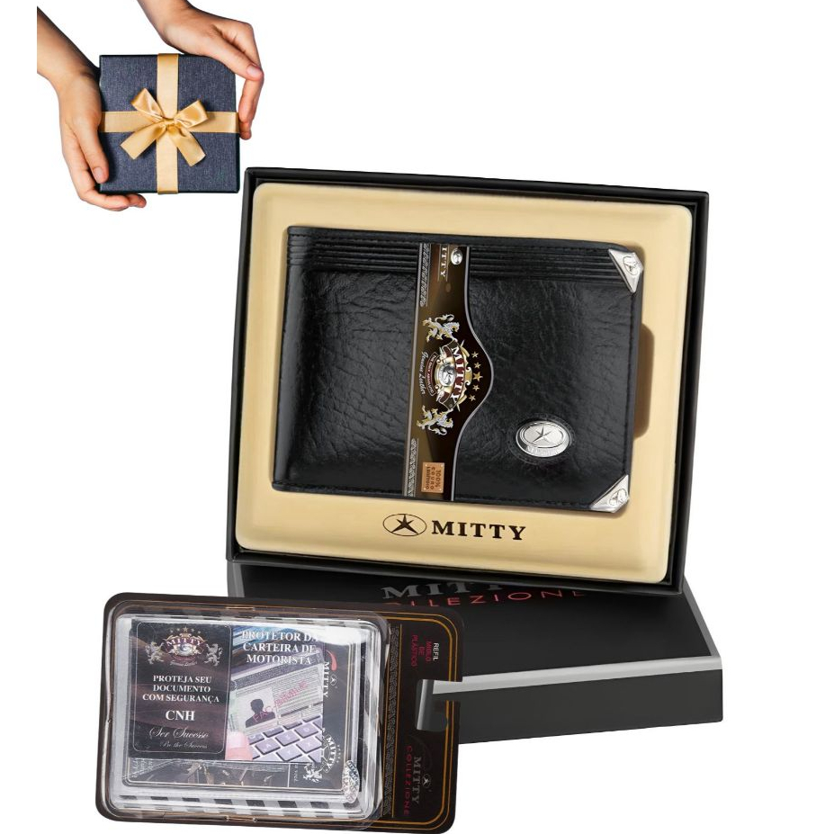 Kit Combo Masculina Carteira Media Mitty Couro Legitimo + Refil Mitty Premium M2 PLM2 PRETO