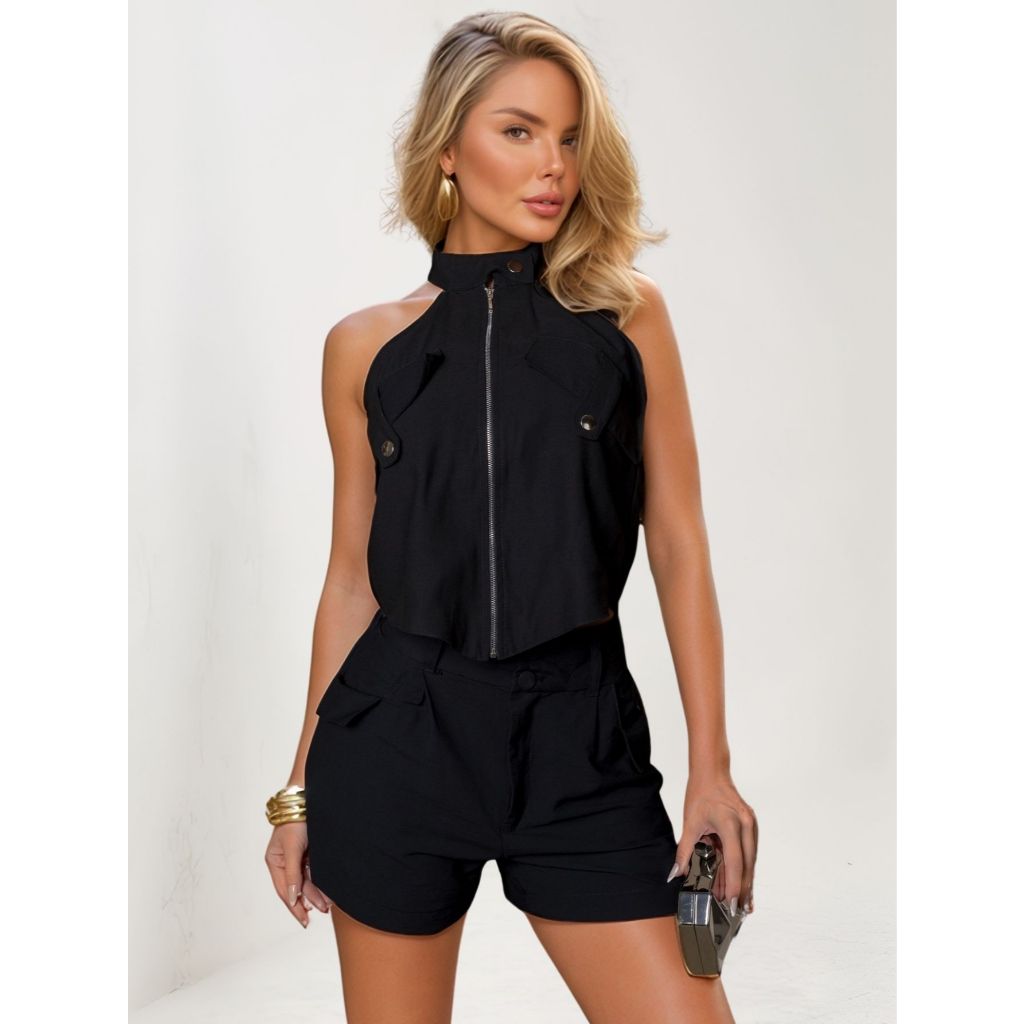 Conjunto Feminino Blusa Gola Shorts Alfaiataria Elegante Casual Moderno