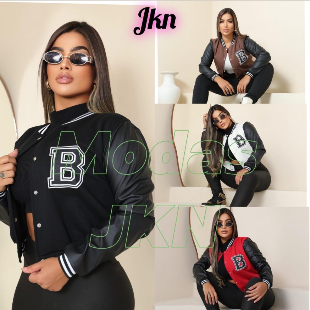JAQUETA  Bomber Feminina MANGA COURO estilo Colegial Bomber moda Blogueira Inverno