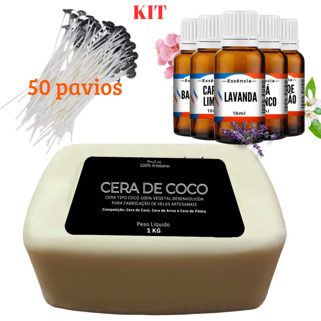 KIT Cera de Coco 1kg + Essência de 10ml + 50 Pavios