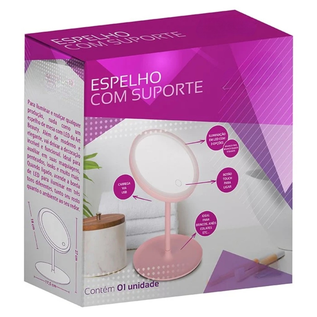Espelho De Mesa Com Luz Led Ajustável Usb E Bateria