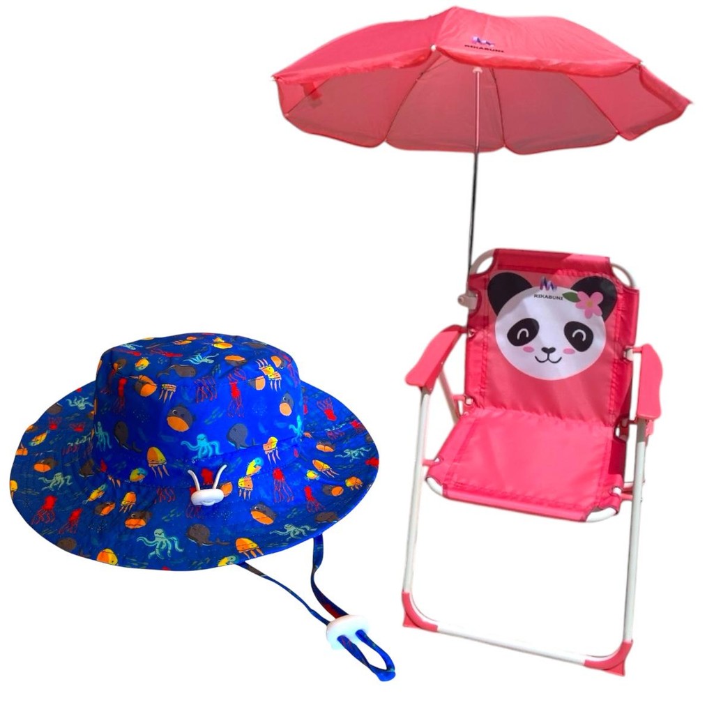 Kit Cadeira de Praia c/ Guarda Sol + Chapéu Infantil com UPF50 Panda
