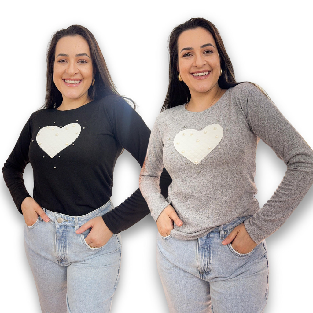 Kit 2 Blusa Sueter Feminina de Lanzinha com Manga Longa e Coração Bordado com Pérolas Tecido Macio