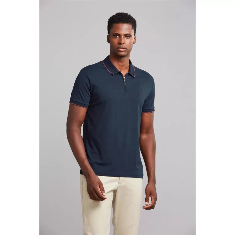 Polo Manga Curta com Zíper Slim Fit – Azul 
