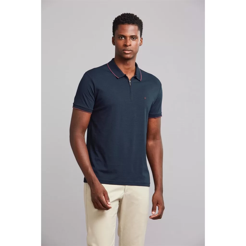 Polo Manga Curta com Zíper Slim Fit – Azul Marinho