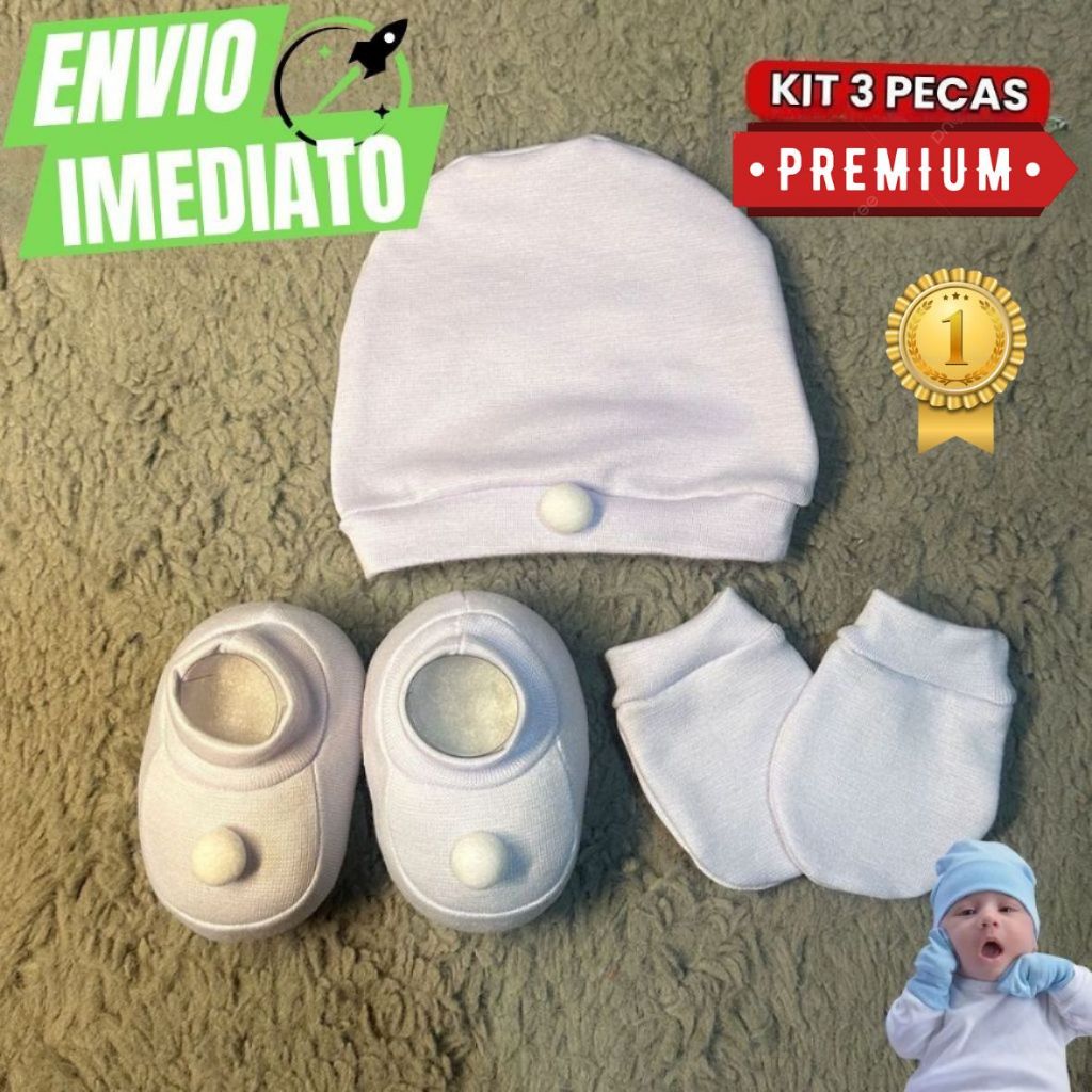 Jogo 3 Peças Touca Luva Sapatinho Bebê 0 À 3 Meses RN Kit Algodão Premium Enxoval Saída Maternidade