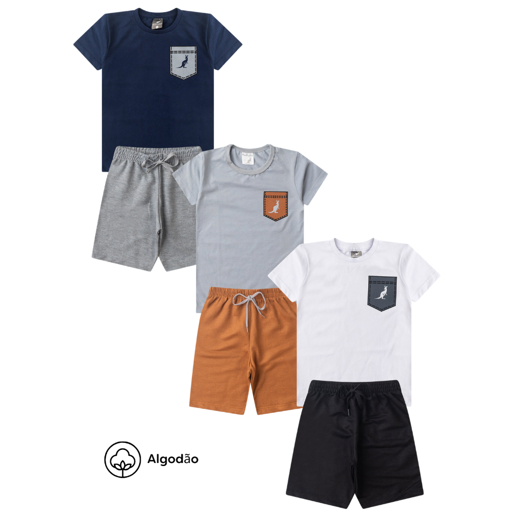 Kit SORTIDO Conjunto Verão Menino 2 a 10 Peças 1 a 12 Anos Look Casual Kangulu Canguru Lobo Crown St