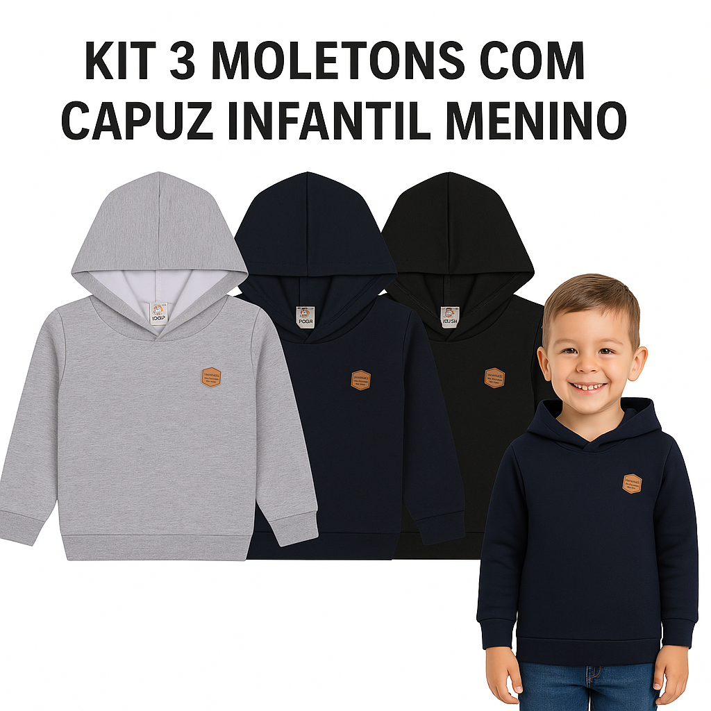 Kit 3 Casacos Moletom Infantil Menino com Capuz  Roupa de Frio e Conforto – ESCOLAR  CORES SORTIDAS