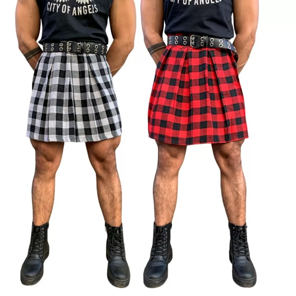 Saia Xadrez curta Masculina com pregas e zíper na lateral/quadriculada/tecido quente/lãzinha/kilt es