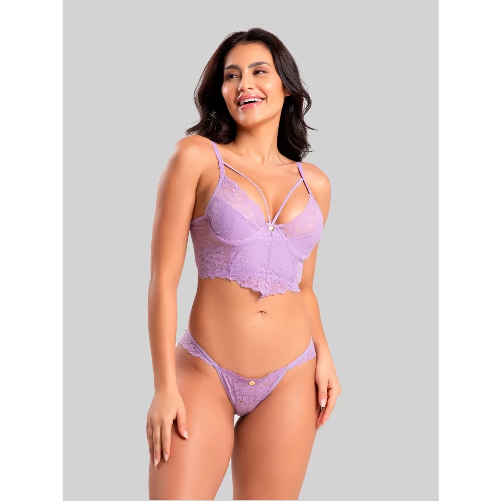 Conjunto IMI Lingerie Sutiã Sem Bojo Com Aro Cropped Calcinha Tanga Fio Duplo Renda Dany
