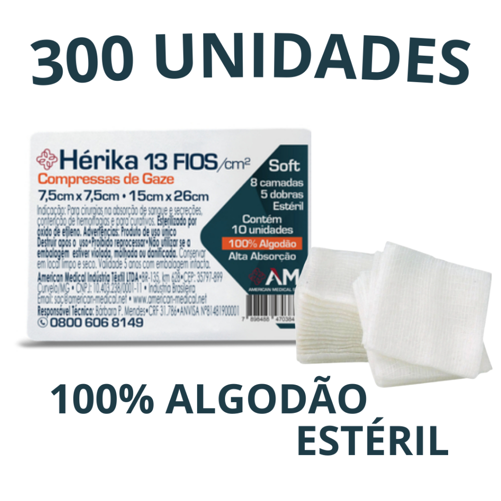 Compressa de Gaze Esteril Hérika Hidrófila 300 Unidades de Gaze Esteril 13 Fios -7,5×7,5cm – 15x26cm