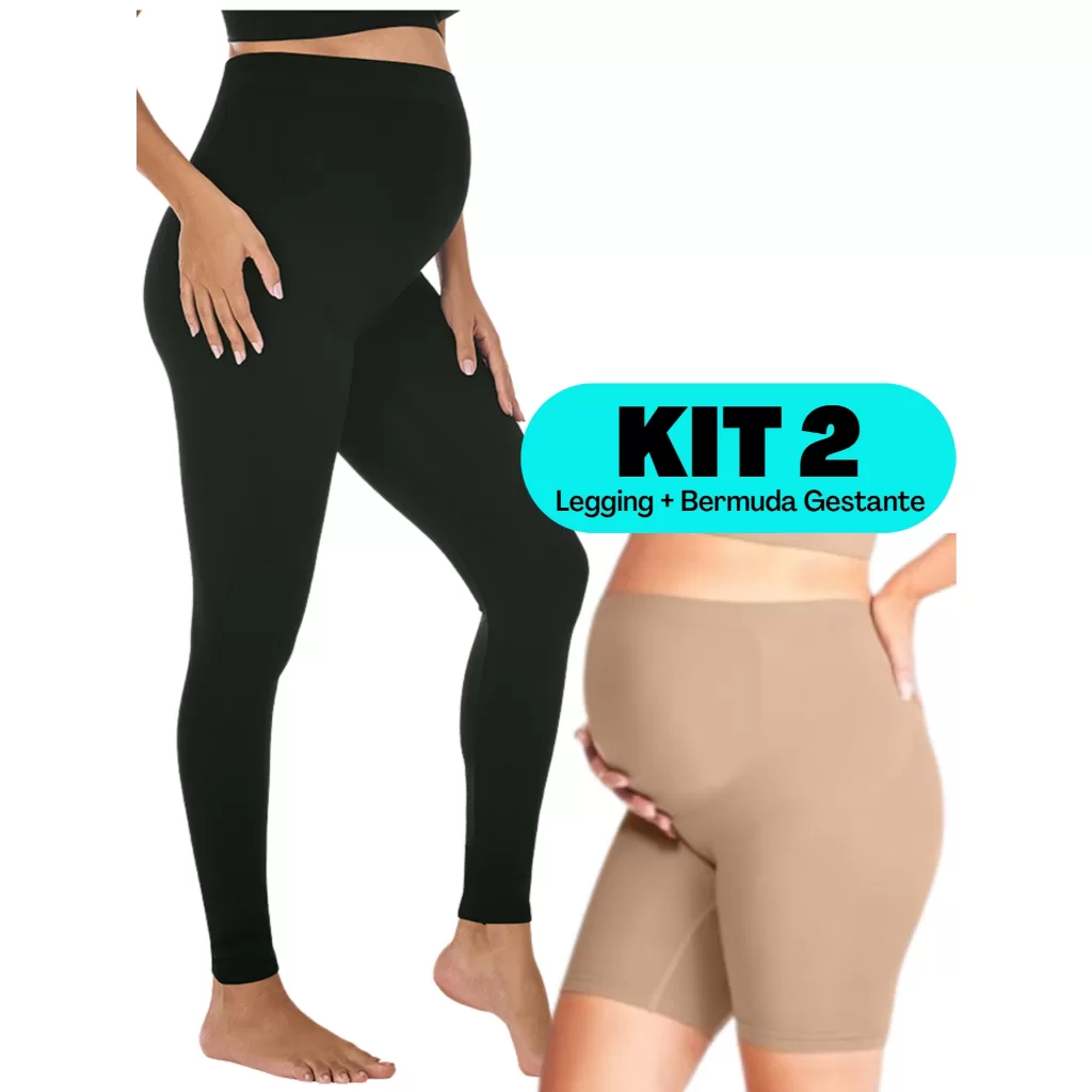 KIT 02 Unidades – Calça Legging + Bermuda Gestante Confortável Uso Diário