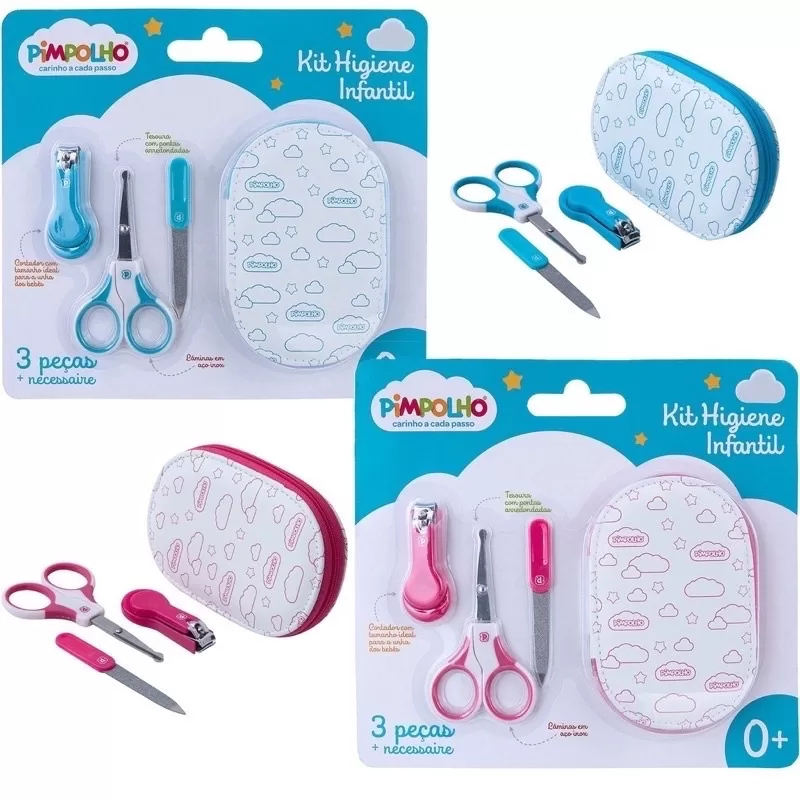 Kit Higiene Infantil Pimpolho Cortador Tesoura Lixa com Necessaire Menino Menina ou Neutro c 3 Peças
