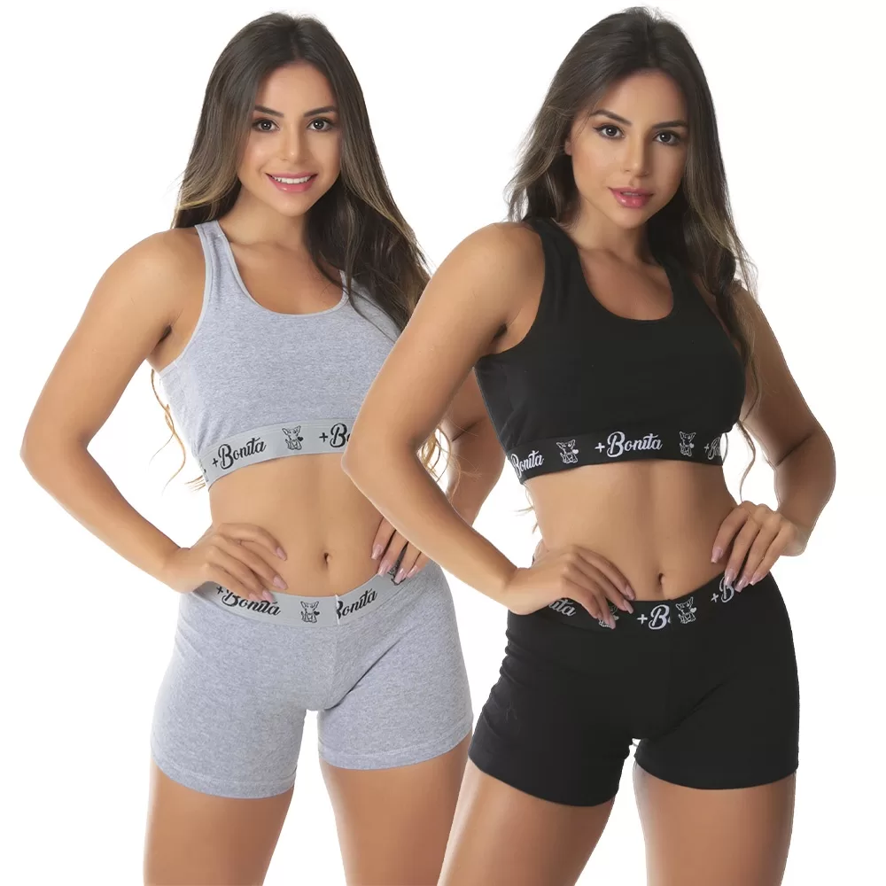 KIT 2 Conjunto Lingerie Top + Short Algodão Moda Intima
