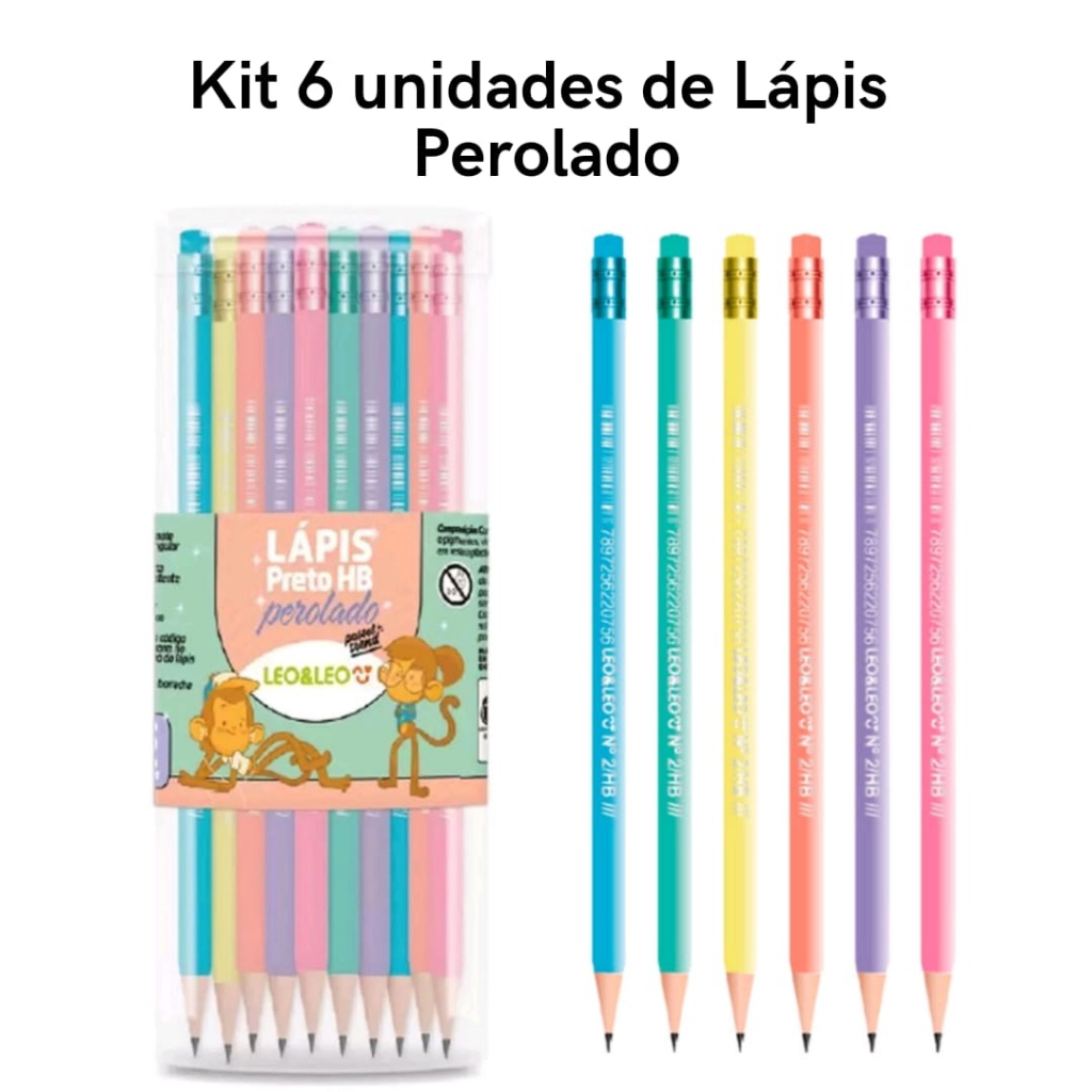 Kit 6 Lápis de Escrever HB Tom Pastel Perolado com Borracha  Escolar  LeoELeo