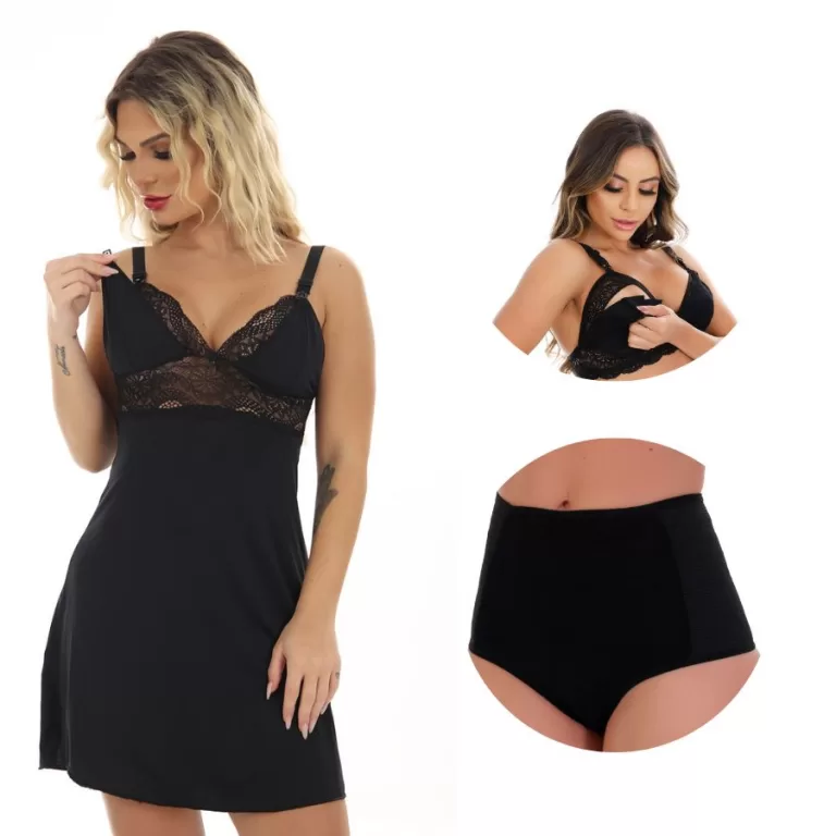 Kit Amamentação Camisola + Sutiã + Calcinha Pó