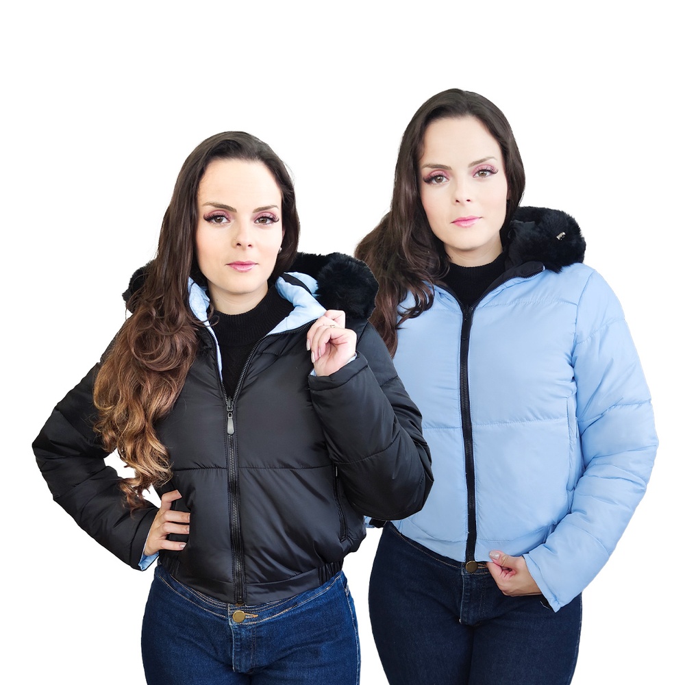 Jaqueta Feminina Dupla Face Capuz Felpudo Casaco Inverno Slim