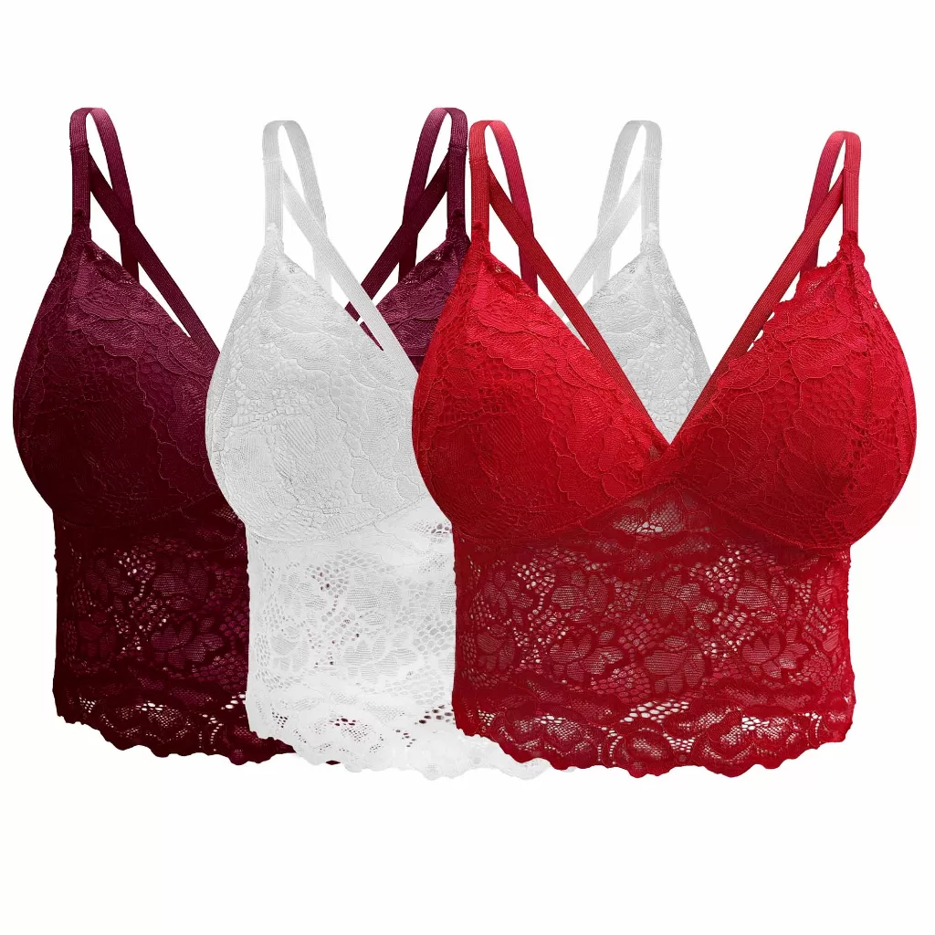 Kit 3 Croppeds de Renda Tira Dupla Com Bojo Alça Regulável Top Feminino