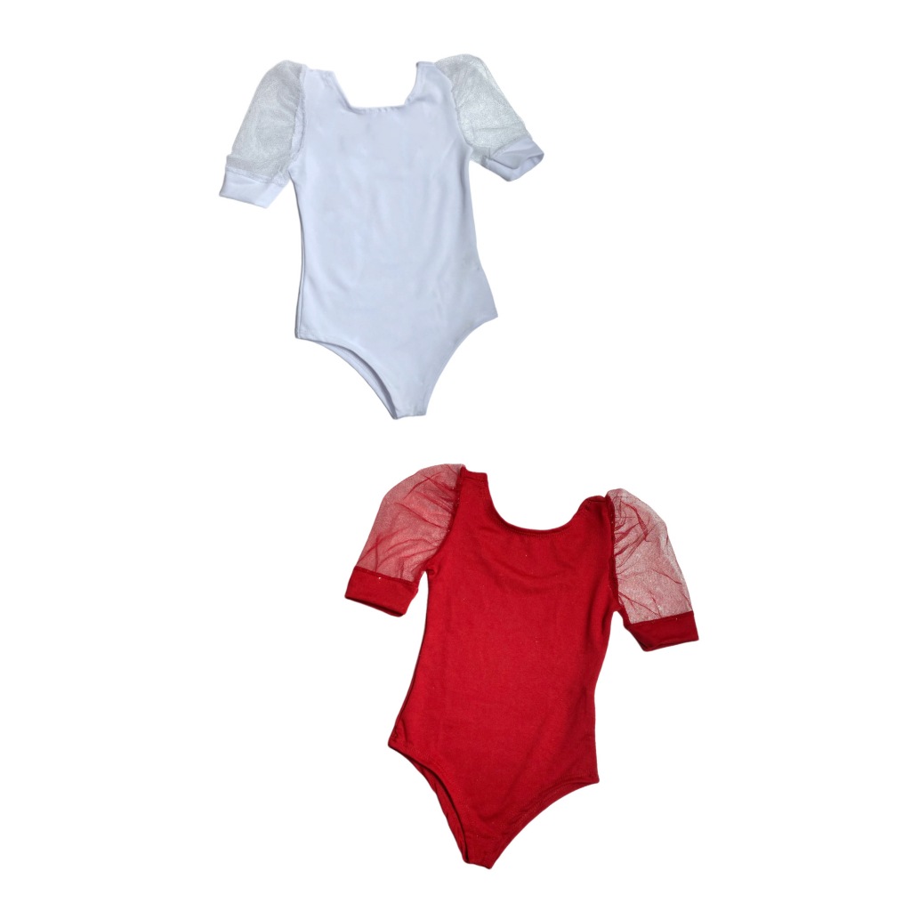 Kit 2 Bodys Infantil Manga Curta Tule Vermelho E Branco Moda Menina Elegante Para Passeios e Festas