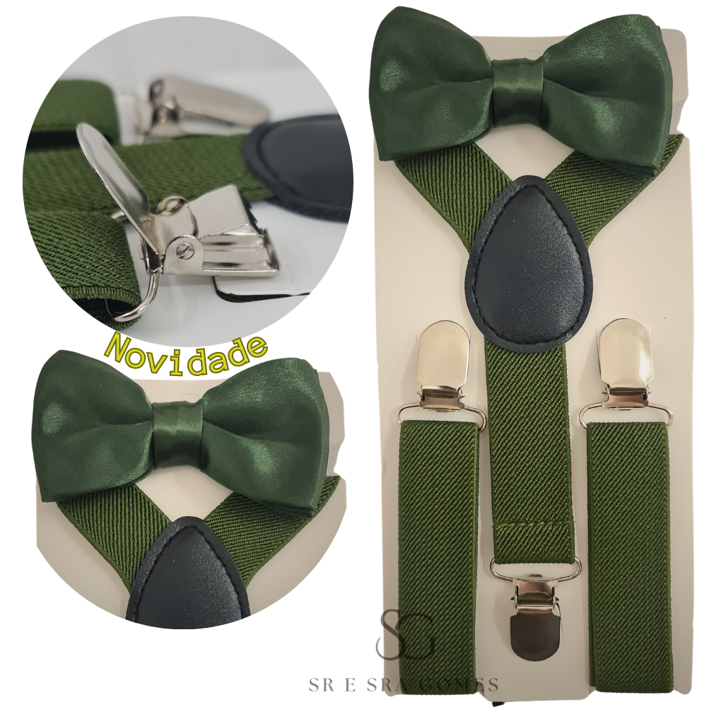 Kit Suspensório Verde Oliva + Gravata Borboleta Infantil