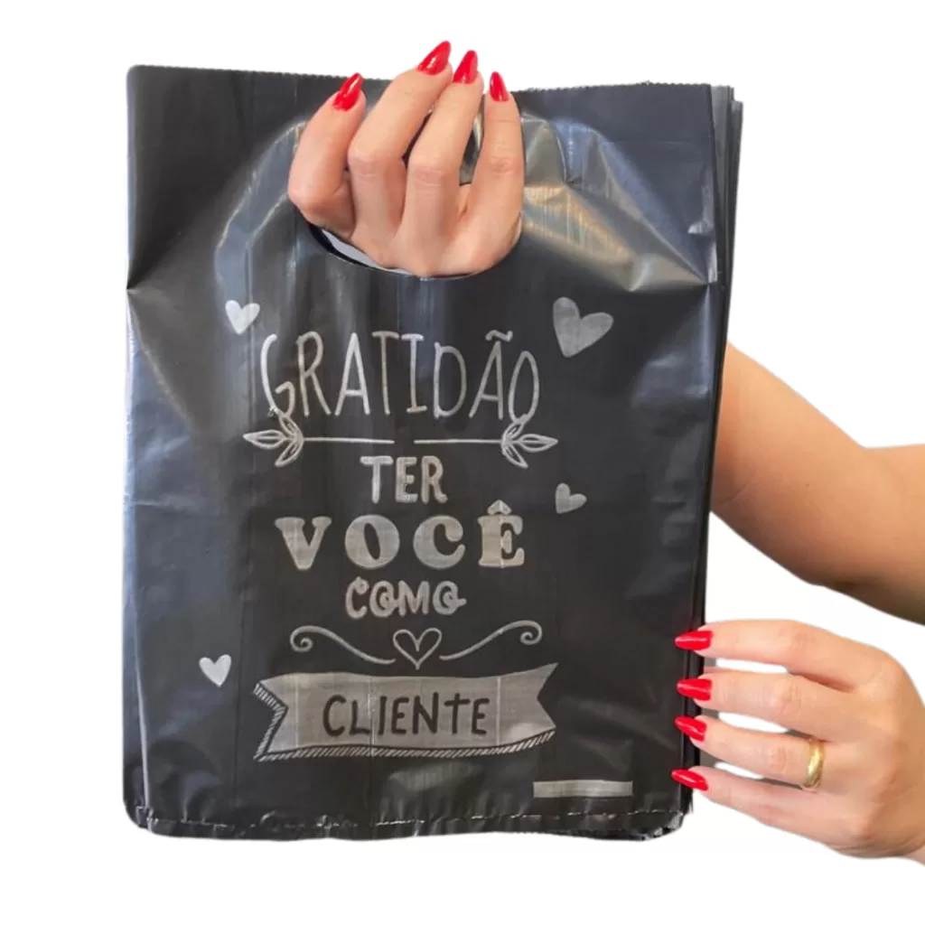 100 Sacolas Plásticas Estampadas Sacolinha para Lojas Escritas Gratidão ter você como cliente 20×30,