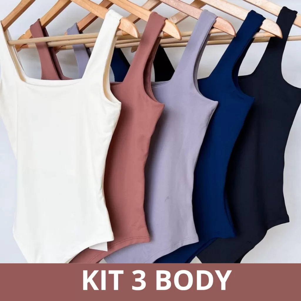 Kit 3 Body Suplex Feminino Decote Quadrado com Forro Regata Alça Fina