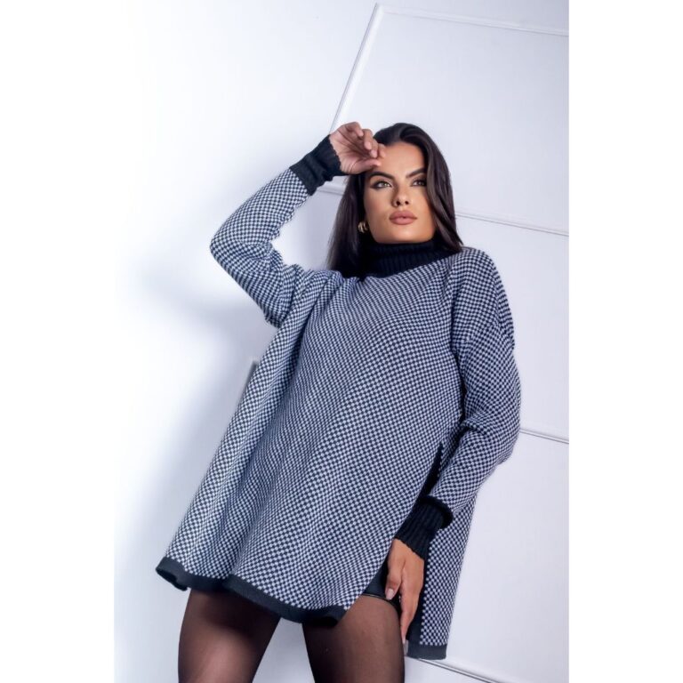 Poncho Feminino de Tricô Xadrez Quadriculado Gola