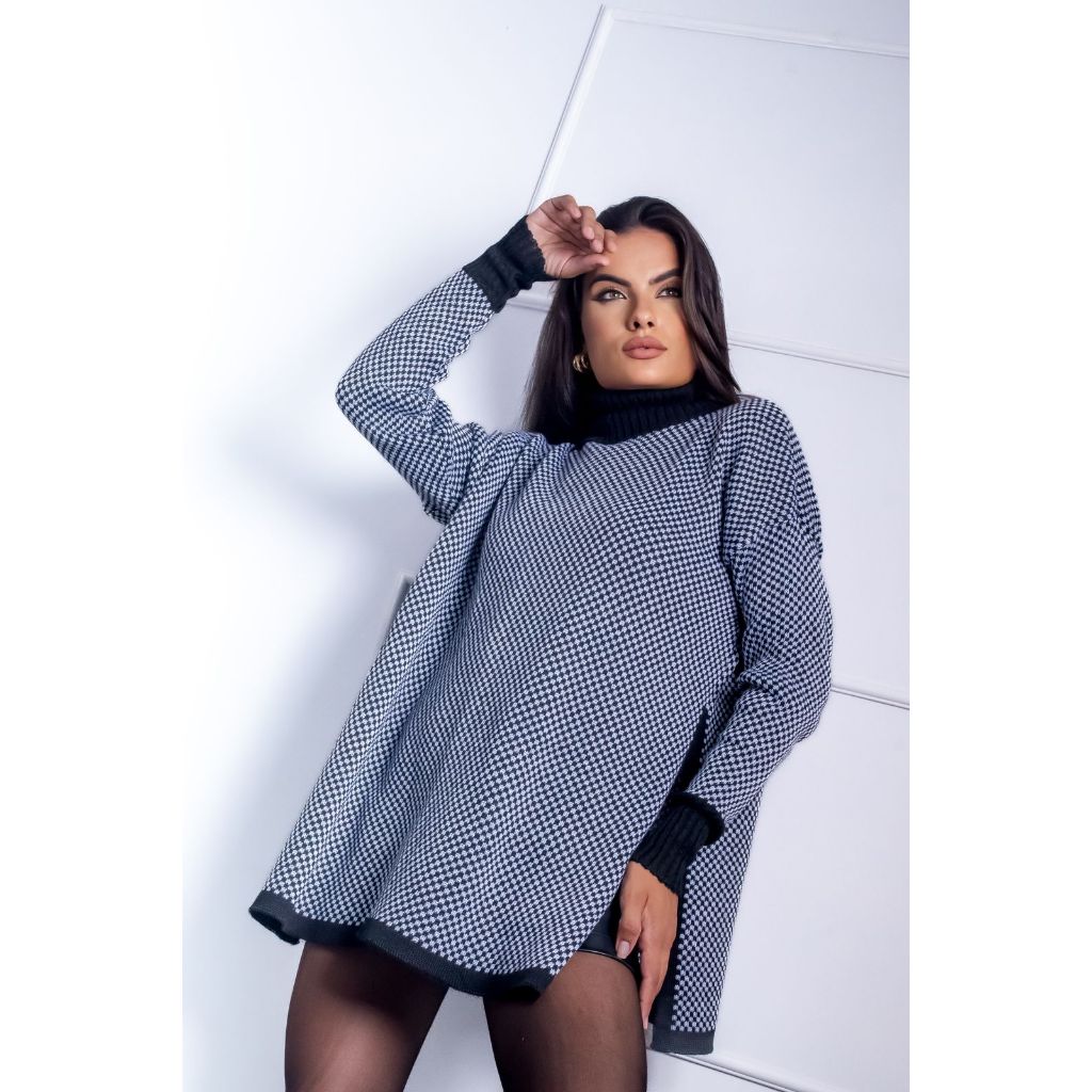 Poncho Feminino de Tricô Xadrez Quadriculado Gola Alta Manga longa Inverno Casaco Tricot Naluh