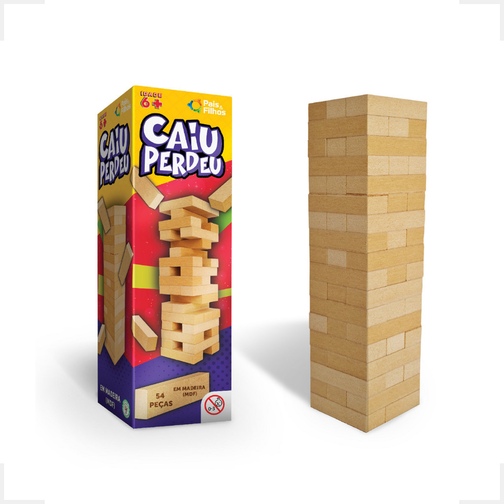 Jogo Caiu Perdeu Madeira Destreza 54 Peças Brinquedo Torre Equilíbrio Pais e Filhos