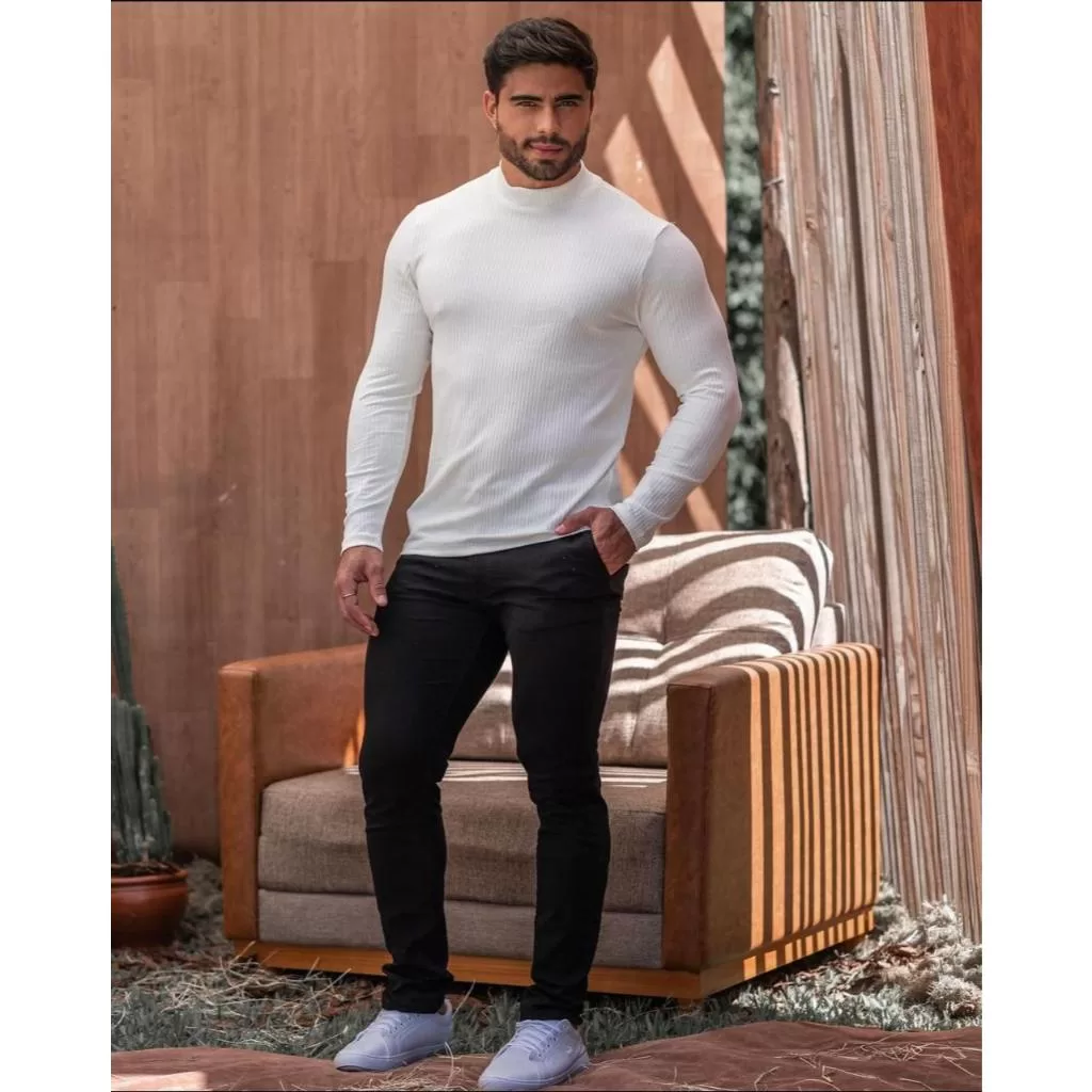 Sueter Gola Alta Sueter Frio Inverno Toque de Algodão Ribana Canelada Manga Longa Moda Homem