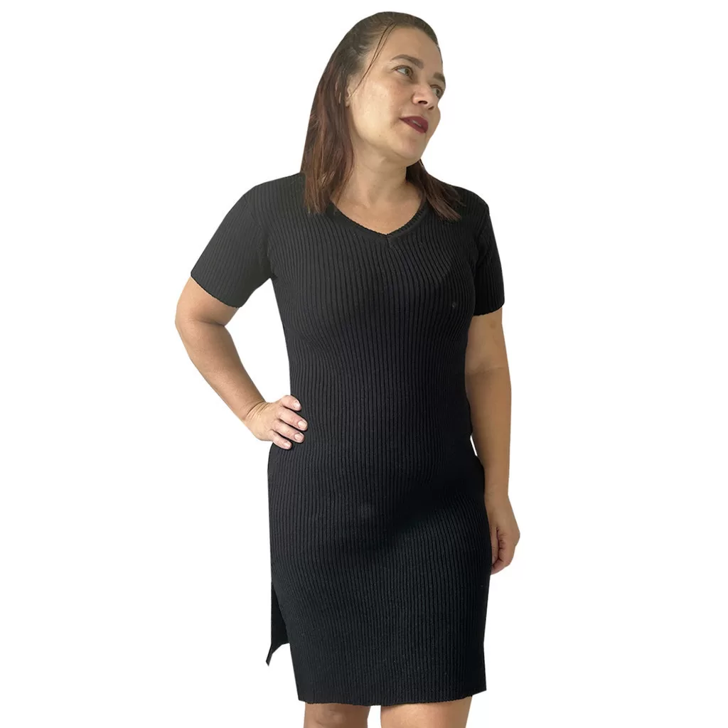 Vestido Tubinho Midi Preto Tricot Feminino Manga Curta Gola V De Verão Casual