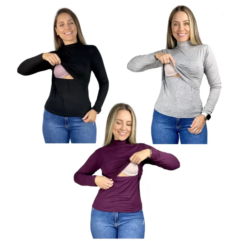 Kit 3 Blusa Amamentação Slim Gola Alta Cores Pre