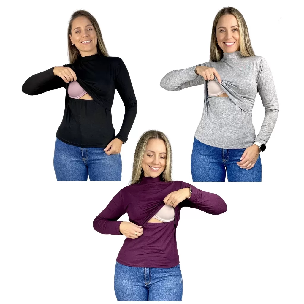 Kit 3 Blusa Amamentação Slim Gola Alta Cores Premium Gestante Amamentar Manga Longa