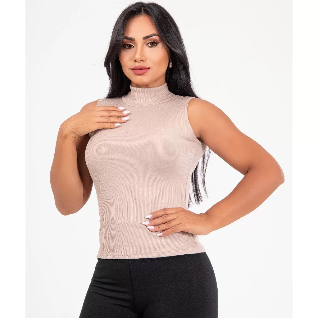 Blusa Regata Canelada Gola Alta Moda Feminina Casual Do M ao GG