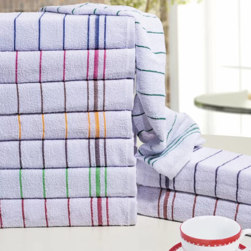 Kit 12 Copa Pano de Prato Listrado Atoalhado Felpudo 100% Algodão