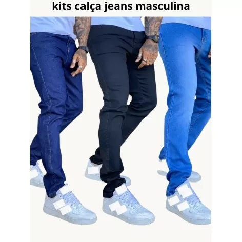 Kit 3 calças jeans masculina com elastano promoç