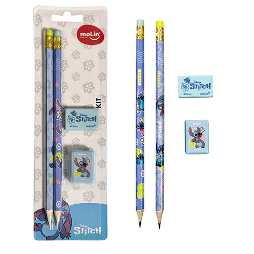 Kit Escolar Stitch 2 Lápis + Borracha + Apontador Molin