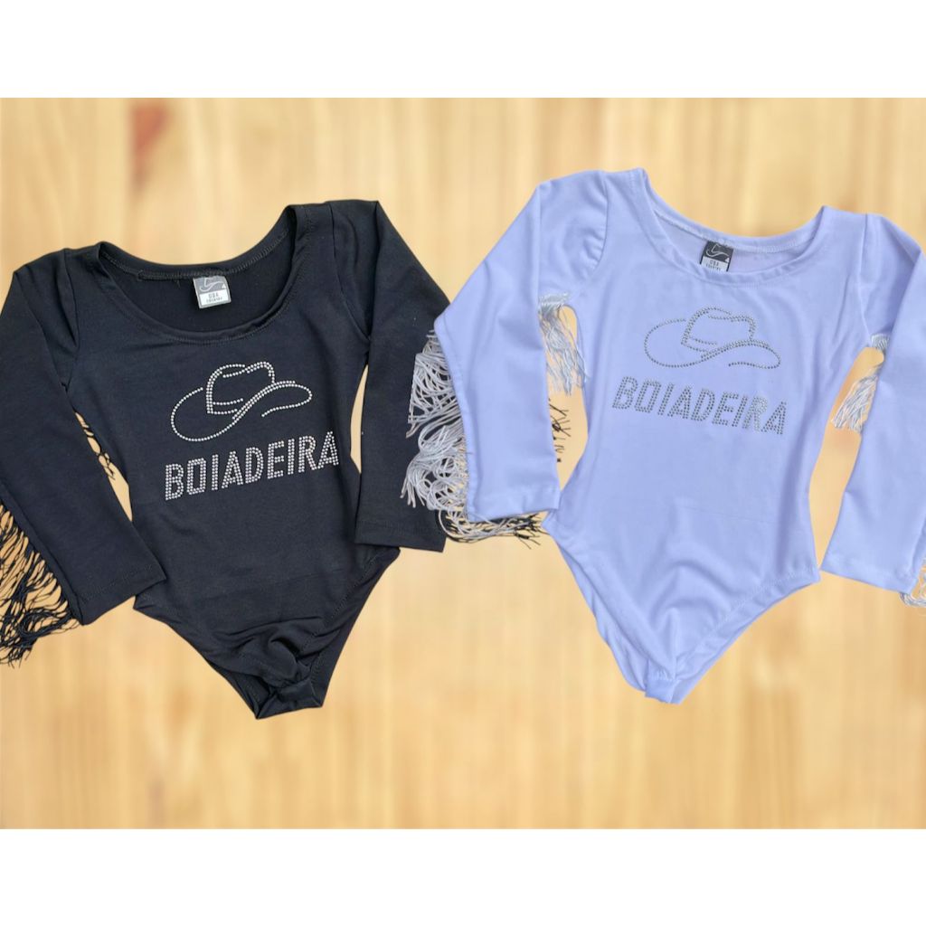Body Infantil Manga Longa Franja Menina Preto e Branco Pedraria Brilho Boiadeira Country Cavalo Rode