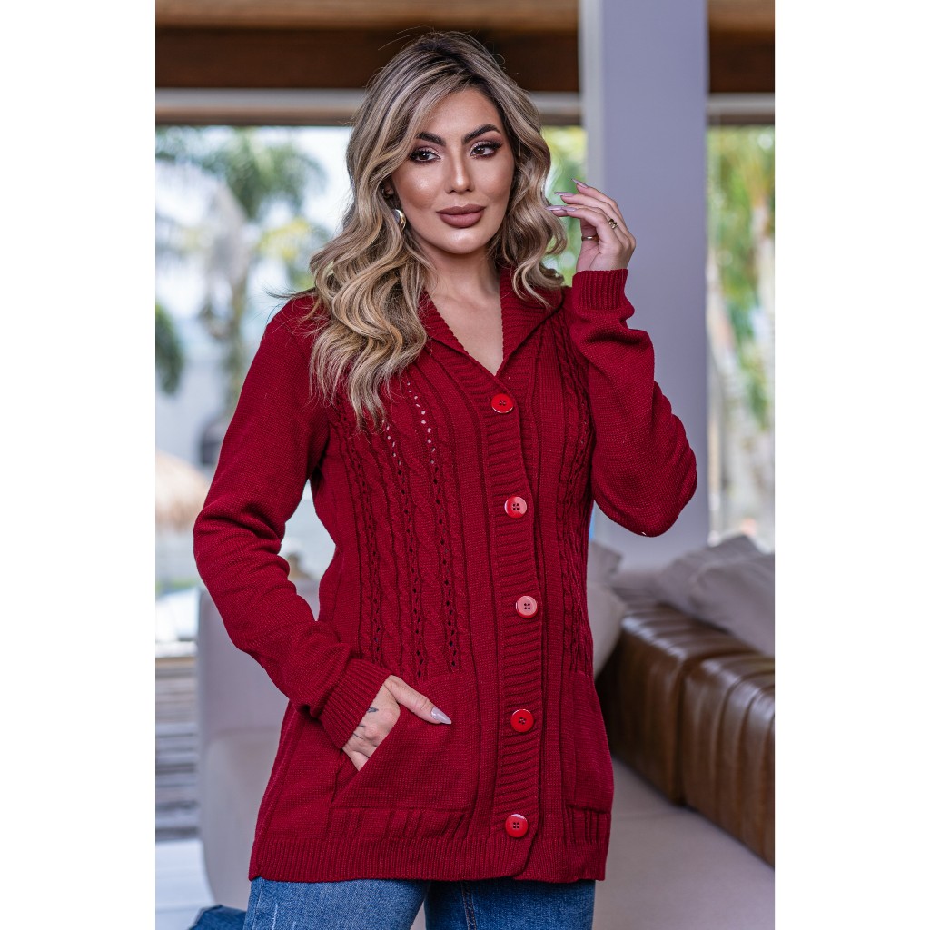 Casaco Longo Feminino Aberto Botões e Bolsos Tricot Tranças Lã Alfaiataria Moda Inverno Elegante