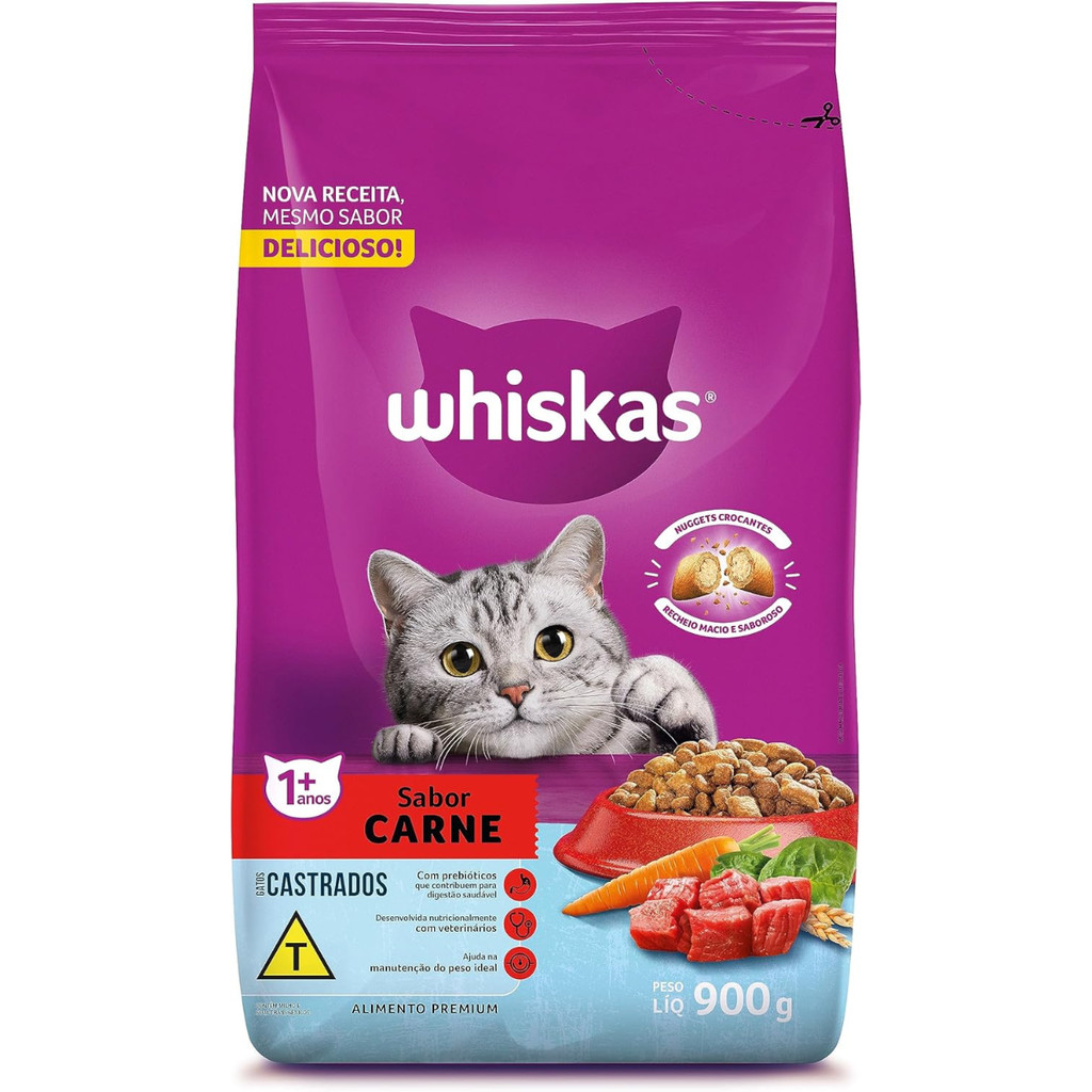 Ração para Gatos Castrados Whiskas Carne 900g Adulto Acima de 1 ano