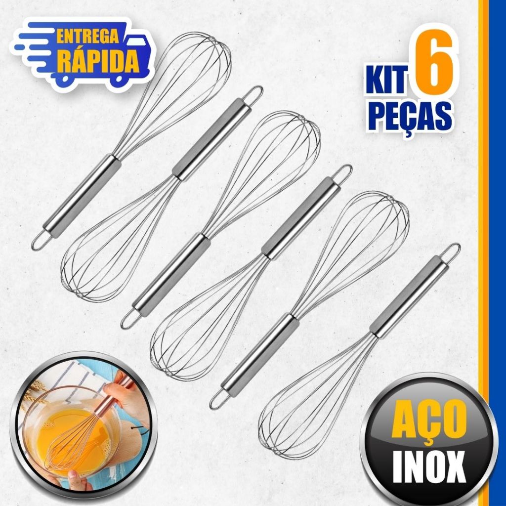 KIT 6 Batedor de Ovo e Massas Em Aço Inox Fouet Fue Profissional o Mixer Manual 30cm