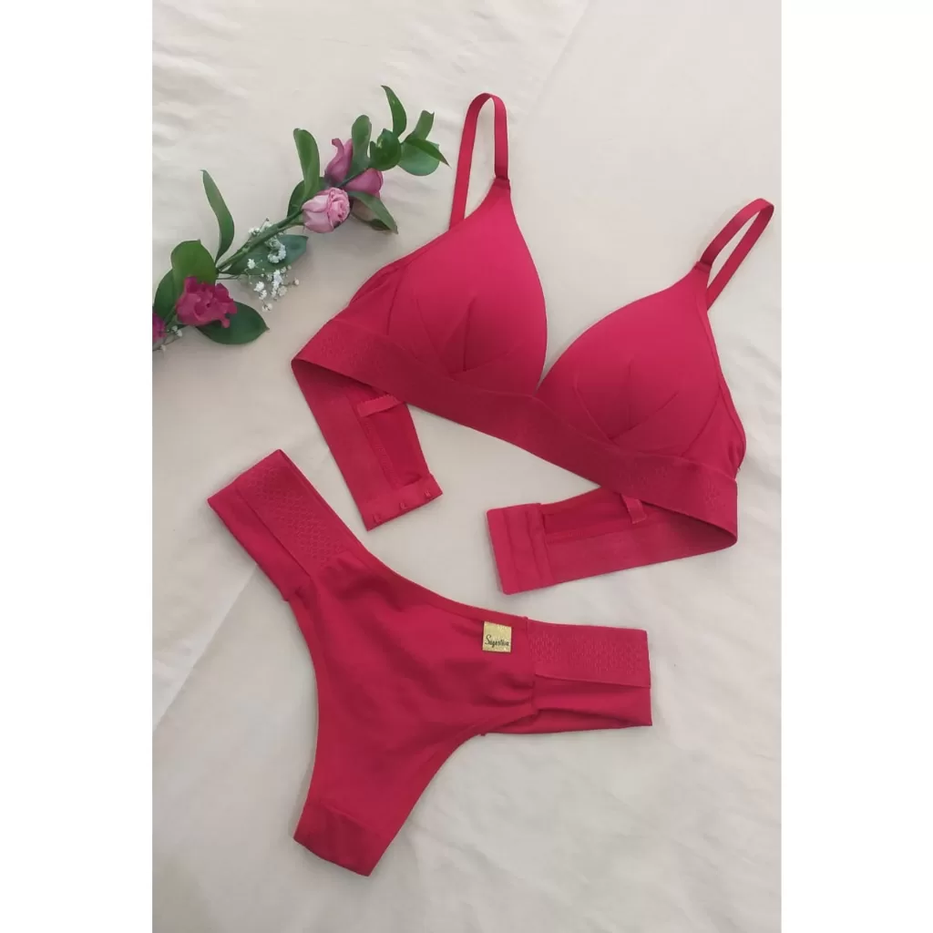 Kit 2 Conjunto Calcinha e Sutiã com Bojo Soft Sem Aro de Microfibra Liso Não Amassa Tanga Fio Duplo