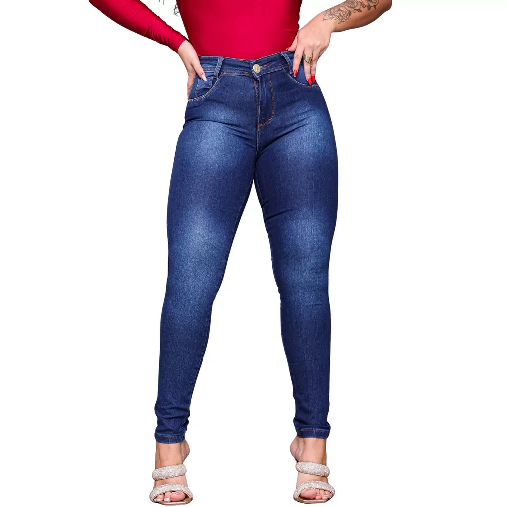 Calça Jeans Feminina Com Elastano Efeito Levanta Bumbum Skinny Cintura Alta Lycra Versátil