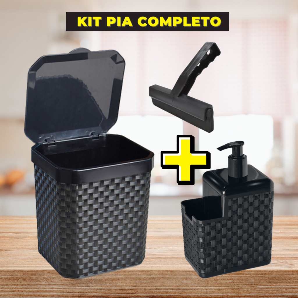 KIT Lixeira Rattan 5L Preta com Tampa + Porta Detergente + Rodinho de pia Kit com 3 peças